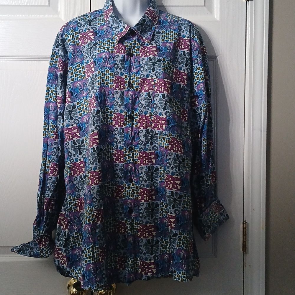 Alan Flusser turquoiuse purple printed long sleeve button down shirt  Sz XXL